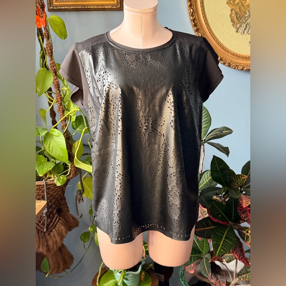 View by Walter Baker Anna Black Laser Cut Faux Leather Short Sleeve Top